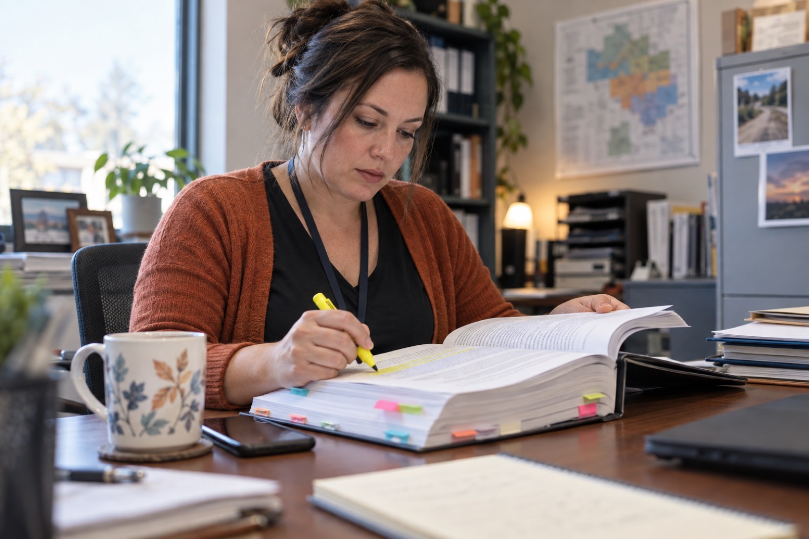 A caseworker reads a thick state child-welfare policy manual with a highlighter at a county desk