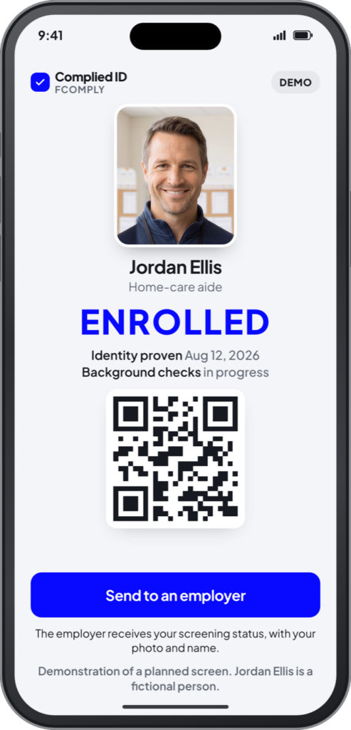 Illustration of a planned Complied ID screen showing the status ENROLLED for a fictional person
