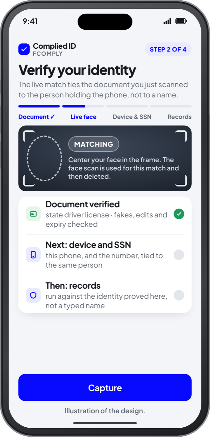 An illustrative Complied ID screen on a phone: step 2 of 4, the live face match that ties the scanned document to the person holding the phone