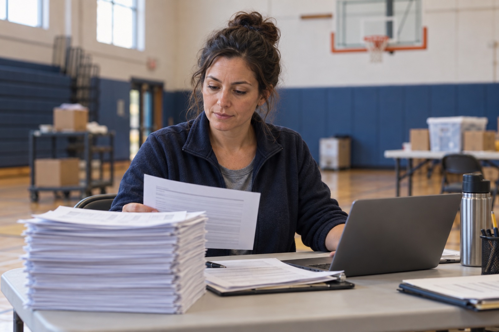 A volunteer coordinator at a folding table in a school gym with a stack of paper background-check forms