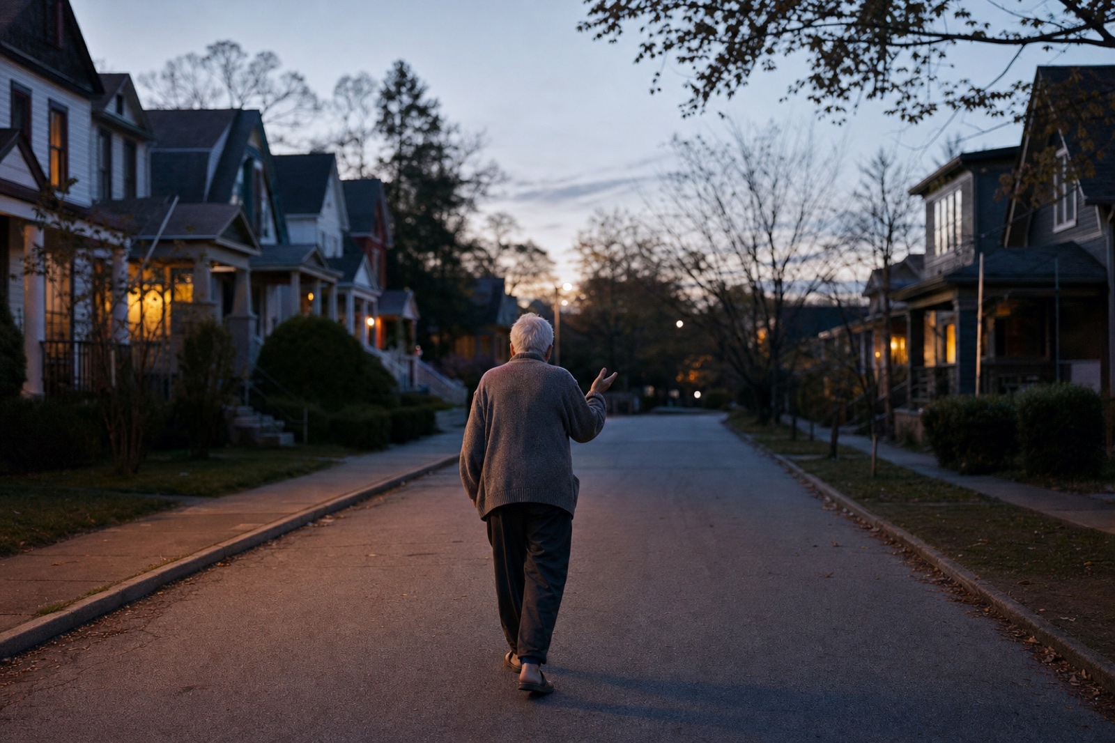 Seen from behind, an elderly man walks alone down a quiet residential street at dusk, unsure where he is
