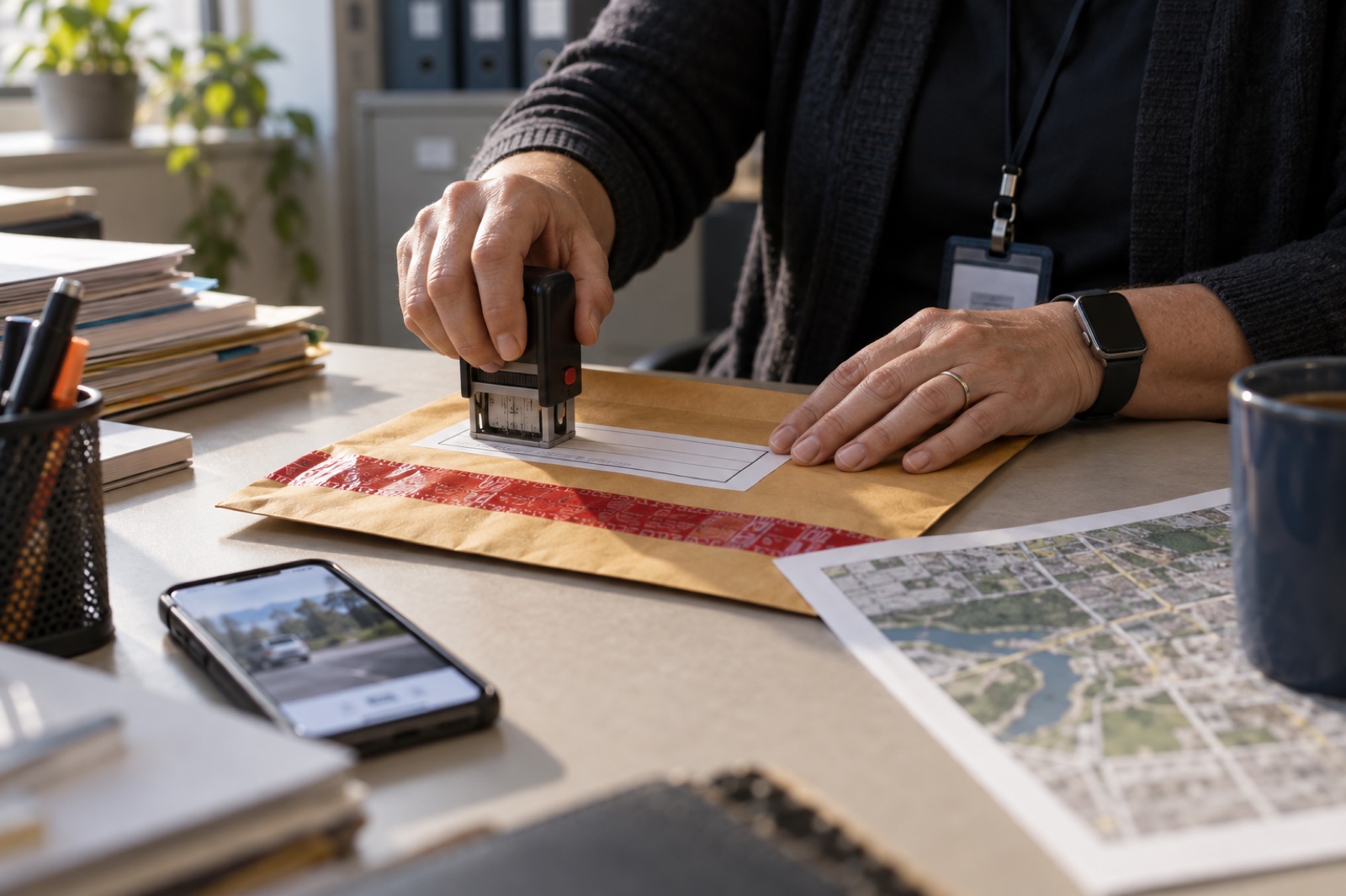 A records officer's hands seal a tamper-evident envelope and date-stamp its label beside a phone and a printed map