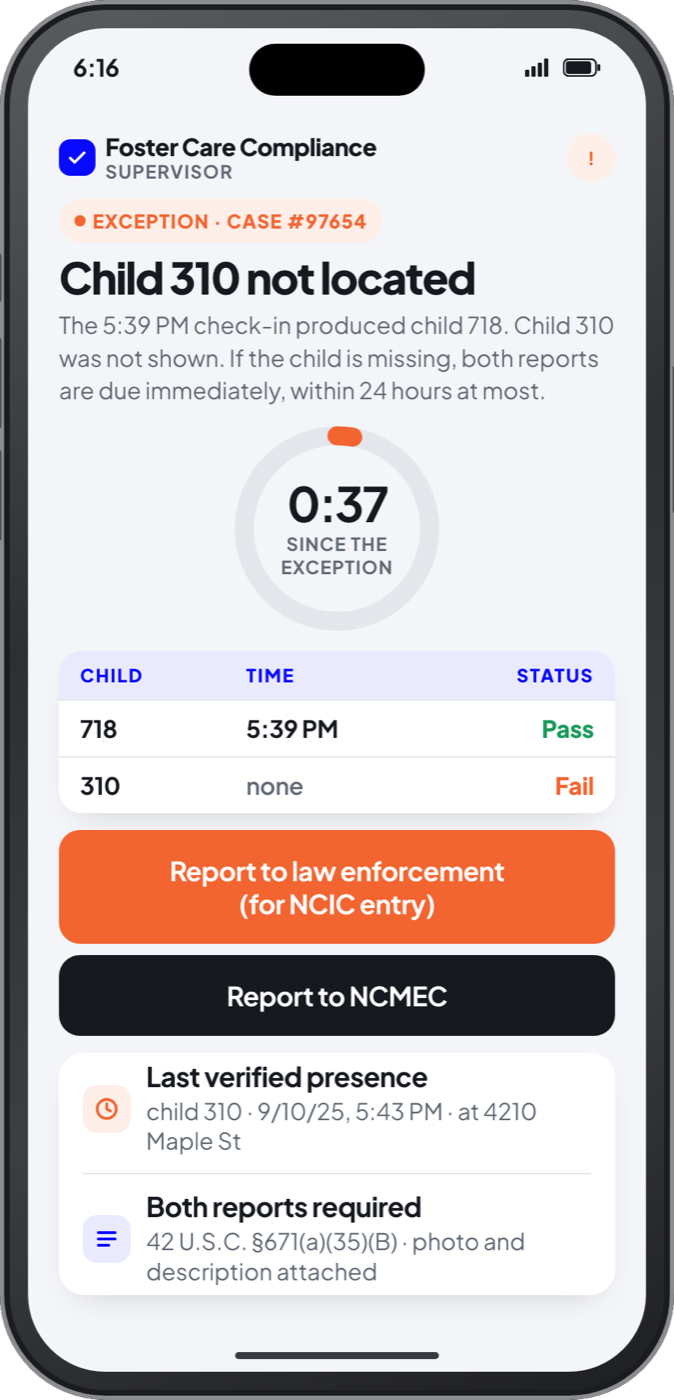 An illustrative Foster Care Compliance System screen on a phone: a supervisor's exception on case #97654, child 310 not shown, with both statutory reports ready to file