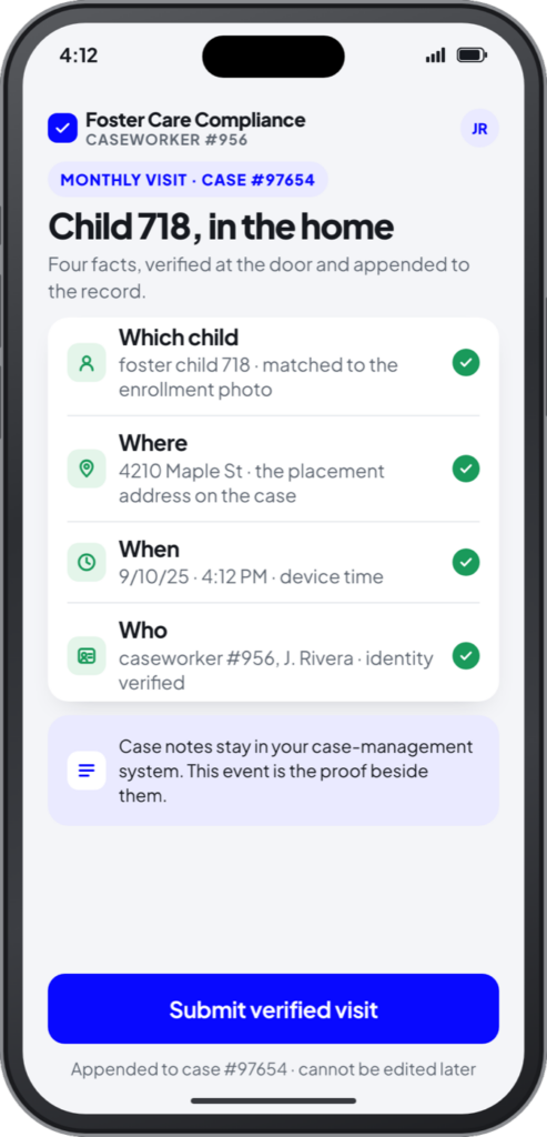 Illustration of a planned Foster Care Compliance System screen showing a verified caseworker visit for a fictional case