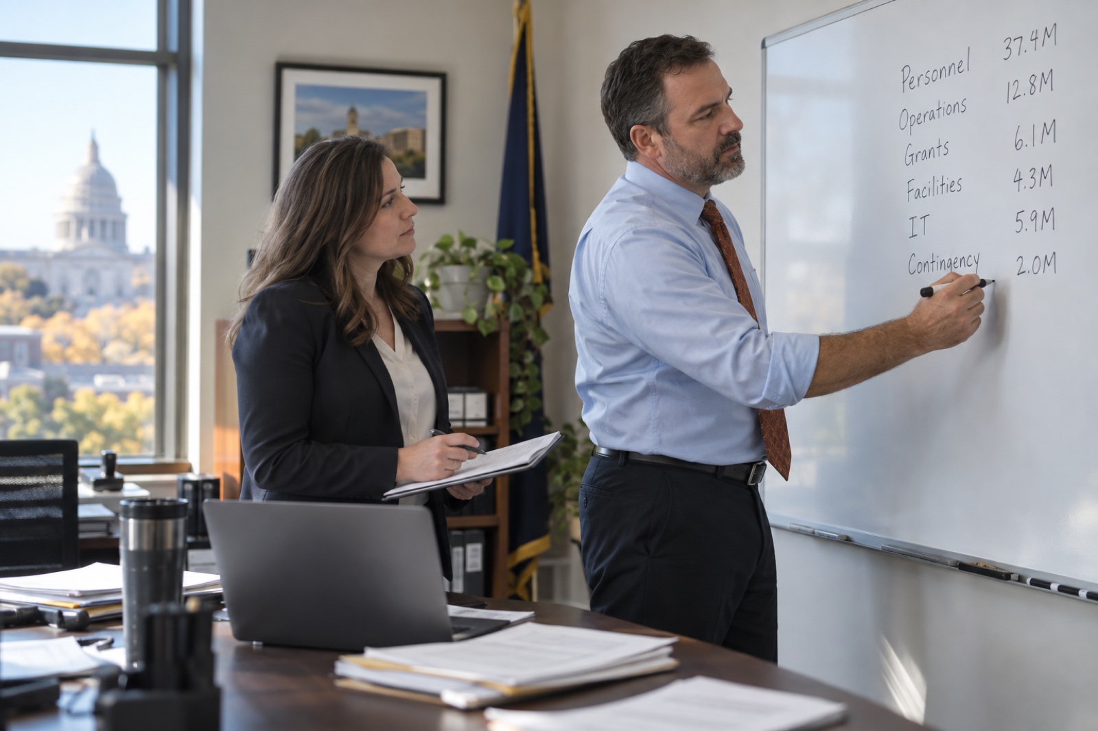 A state fiscal officer and a colleague list cost lines on a whiteboard in a government office