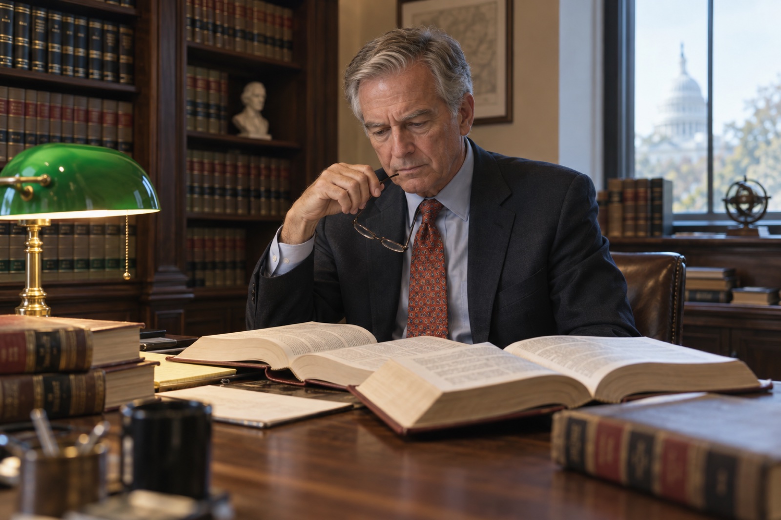 A legislative counsel at a law library desk with volumes of the United States Code open