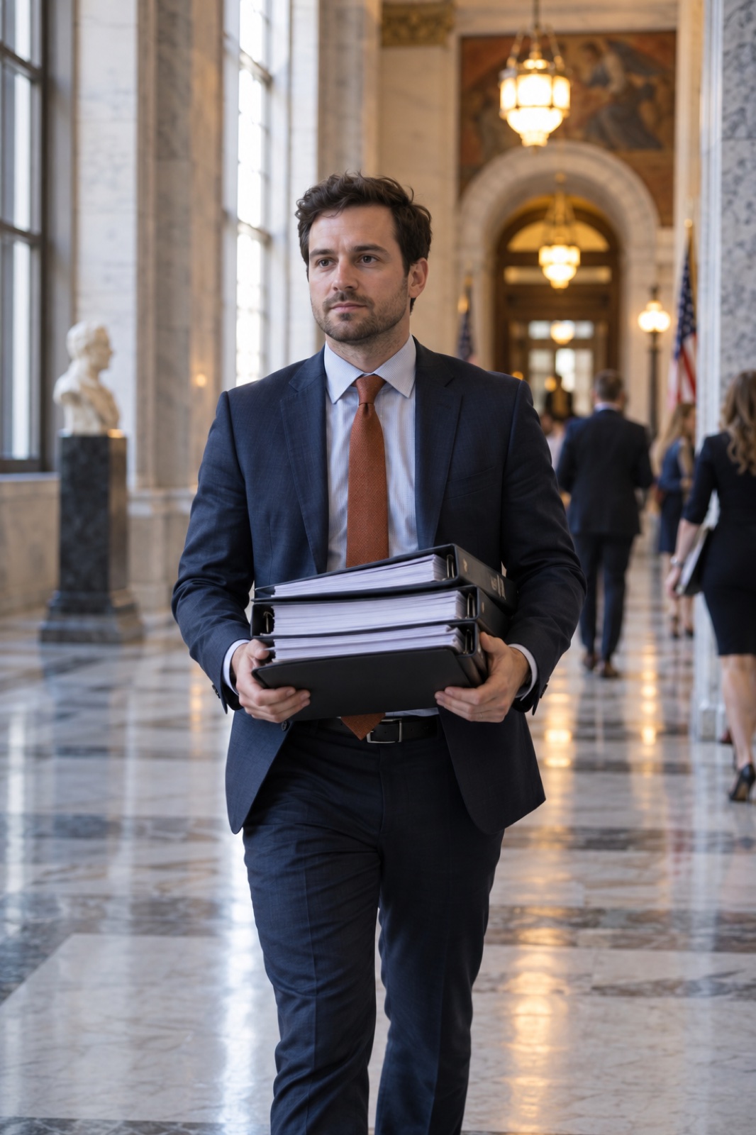 A legislative aide carries a stack of binders down a marble statehouse corridor