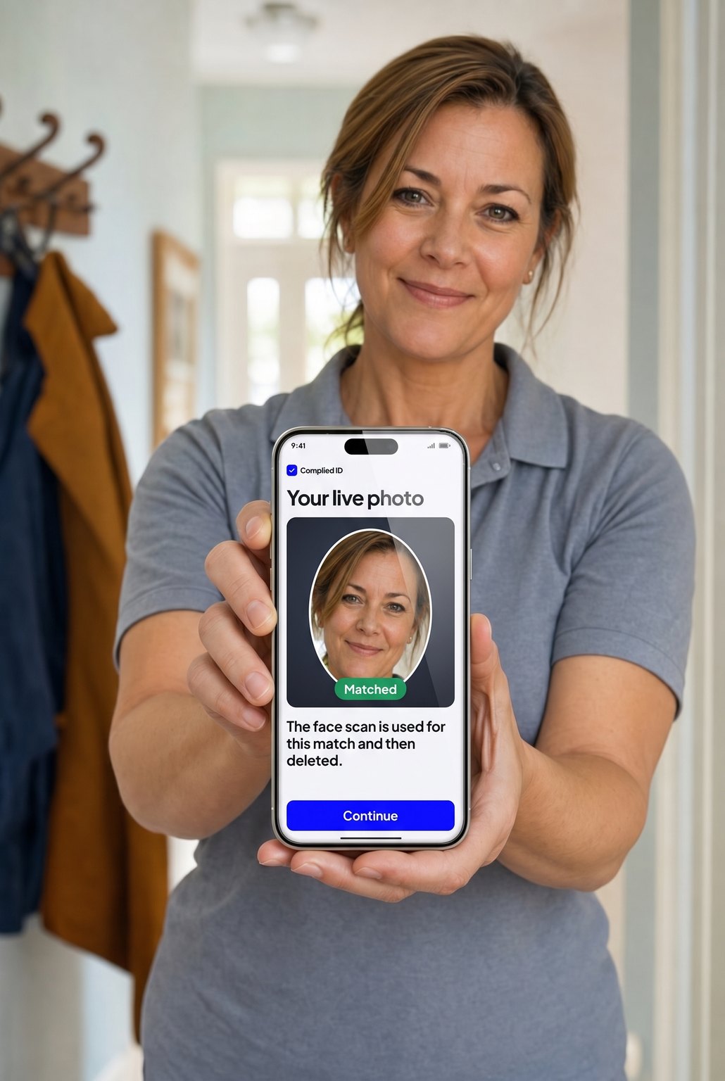 A home-care aide holds her phone out toward the camera, showing the Complied ID live photo step with her face in the frame