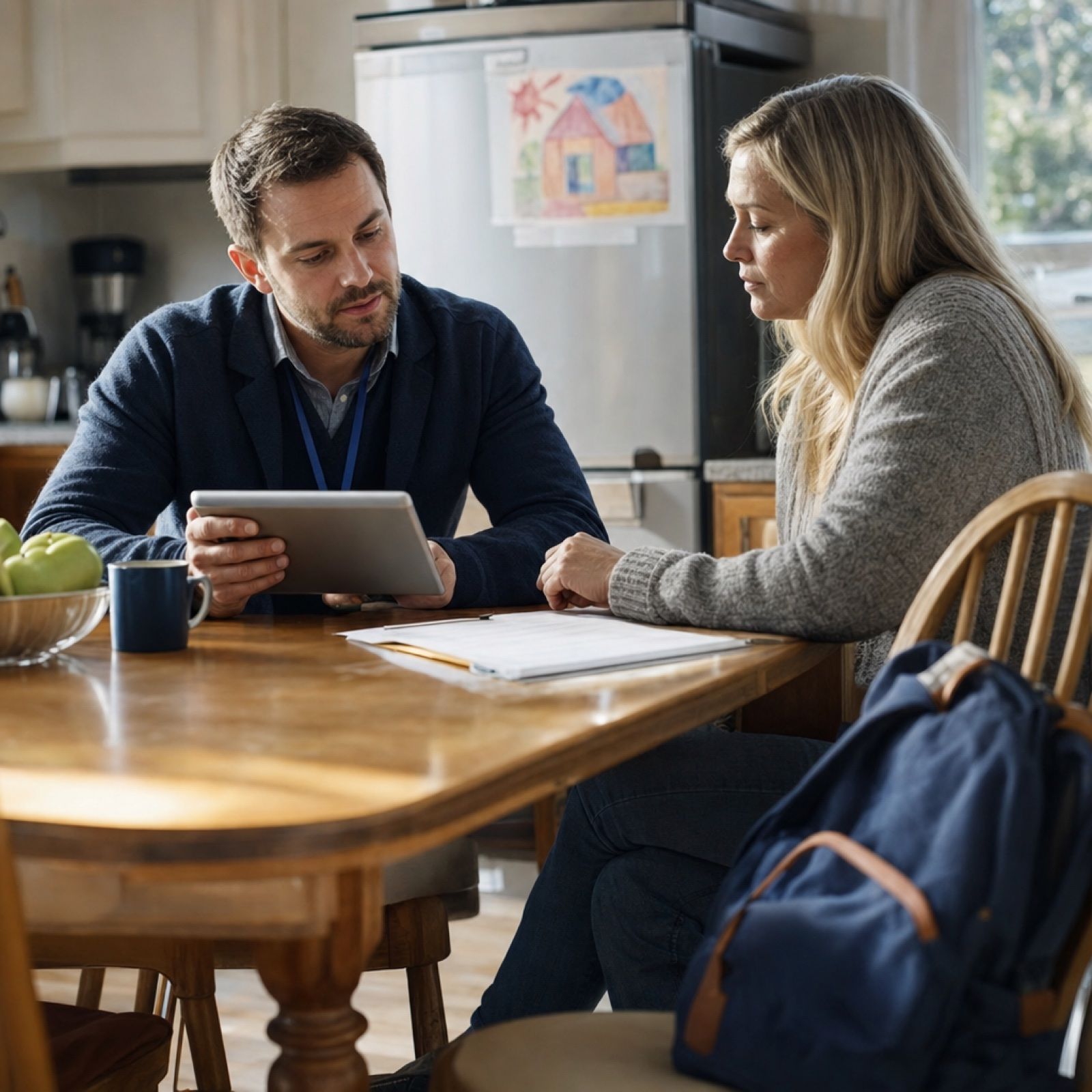 A caseworker with a tablet sits at a kitchen table with a foster mother, a child&rsquo;s drawing on the refrigerator behind them