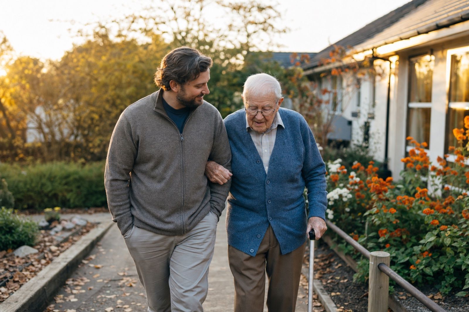 A caregiver walks arm in arm with an older man along a garden path in the afternoon sun