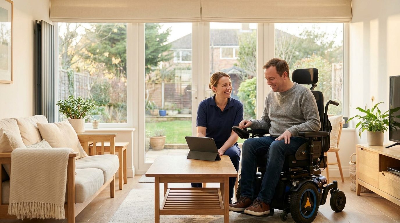 A support worker and a young man who uses a power wheelchair look at a tablet together in a bright living room.